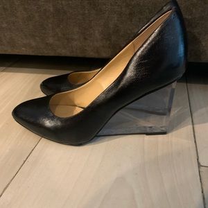 Black leather wedges with Lucite heel!
